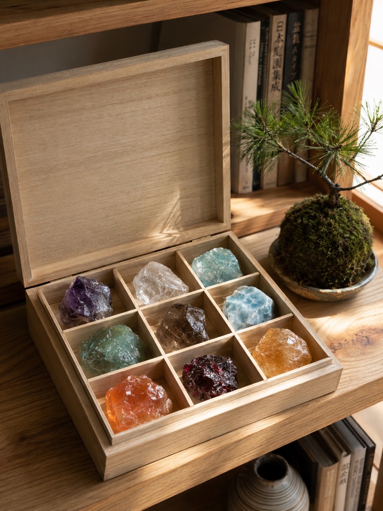 棚に飾られた九属の結晶